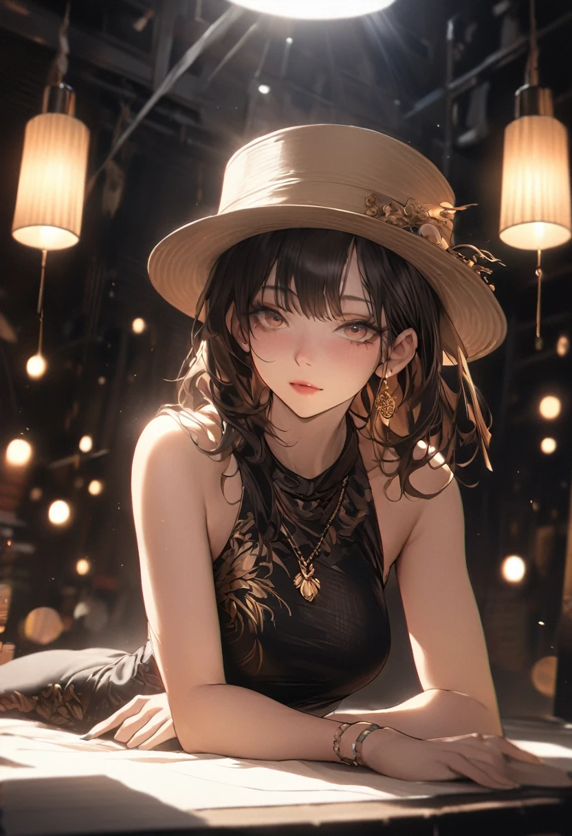 最high quality, masterpiece, there is nothing, One Girl, China dress, hat, necklace, jewelry, Beautiful Face, On top of that_body, Tyndall effect, Realistic, Dark studio, Rim Light, Two-tone lighting, (High resolutionの肌: 1.2), 8k uhd, Digital SLR, Soft lighting, high quality, Volumetric lighting, Frank, photograph, High resolution, 4K, 8k, Bokeh,