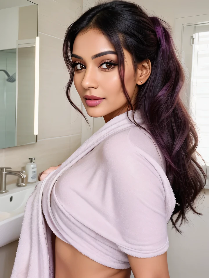 Create an ultra-realistic image of a modern, attractive female influencer of Indian descent, aged between 27 to 30. She should have a warm and inviting smile, expressive almond-shaped eyes with a slight shimmer, and clear, glowing skin with a medium brown complexion. Her features should be well-defined, with high cheekbones and a sharp jawline. Her hair should be long, thick, and styled in an intricate updo with curls and volume, showcasing a deep, reddish-purple hue that’s bold yet sophisticated. She should have a slender yet athletic build with a medium bust size (40-42 inches), reflecting a healthy and active lifestyle.

She is wearing a soft, pastel-colored towel wrapped around her torso, with another towel casually draped over her shoulders. Her overall appearance should exude confidence, approachability, and sophistication.

The background should be a modern bathroom with a large mirror, marble countertops, and a sleek shower area, capturing the essence of a morning beauty routine.

Her overall appearance should capture the essence of a contemporary Indian fashion influencer, blending elegance with everyday life.