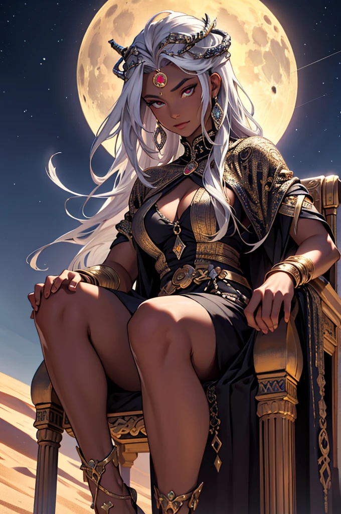 ​masterpiece, Best Quality, 4k, upper body close up, Background with: Sitting on a throne under a crescent moon in the desert night, Very detailed, Goddess with very dark skin, Medusa with silver hair falling down to her feet........, red pupil,