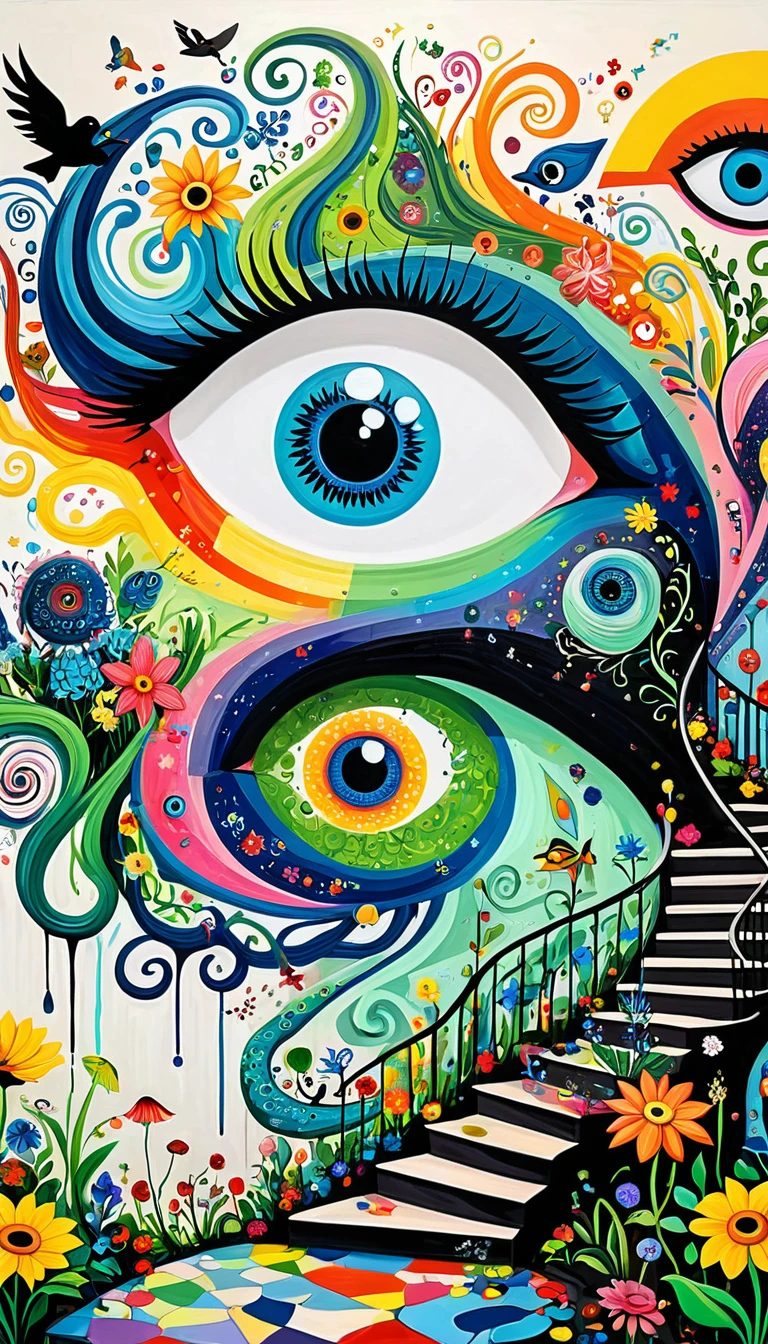 Children's graffiti,Thick coating,Concave and convex texture,Oil pastel strokes:Colorful black,Dopamine color matching,爱吃fish的猫、flowesh、spiral staircase、Tentacles、bird、(((Eye)))、diatom,Abstract mosaic painting,Describing the inner world of autistic people,Large area of white,interesting,Innocence,Vision,Psychedelic Art,Incorporating Picasso's artistic style