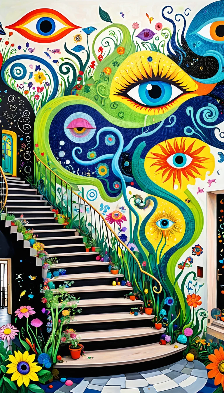 Children's graffiti,Thick coating,Concave and convex texture,Oil pastel strokes:Colorful black,Dopamine color matching,爱吃fish的猫、flowesh、spiral staircase、Tentacles、bird、(((Eye)))、diatom,Abstract mosaic painting,Describing the inner world of autistic people,Large area of white,interesting,Innocence,Vision,Psychedelic Art,Incorporating Picasso's artistic style