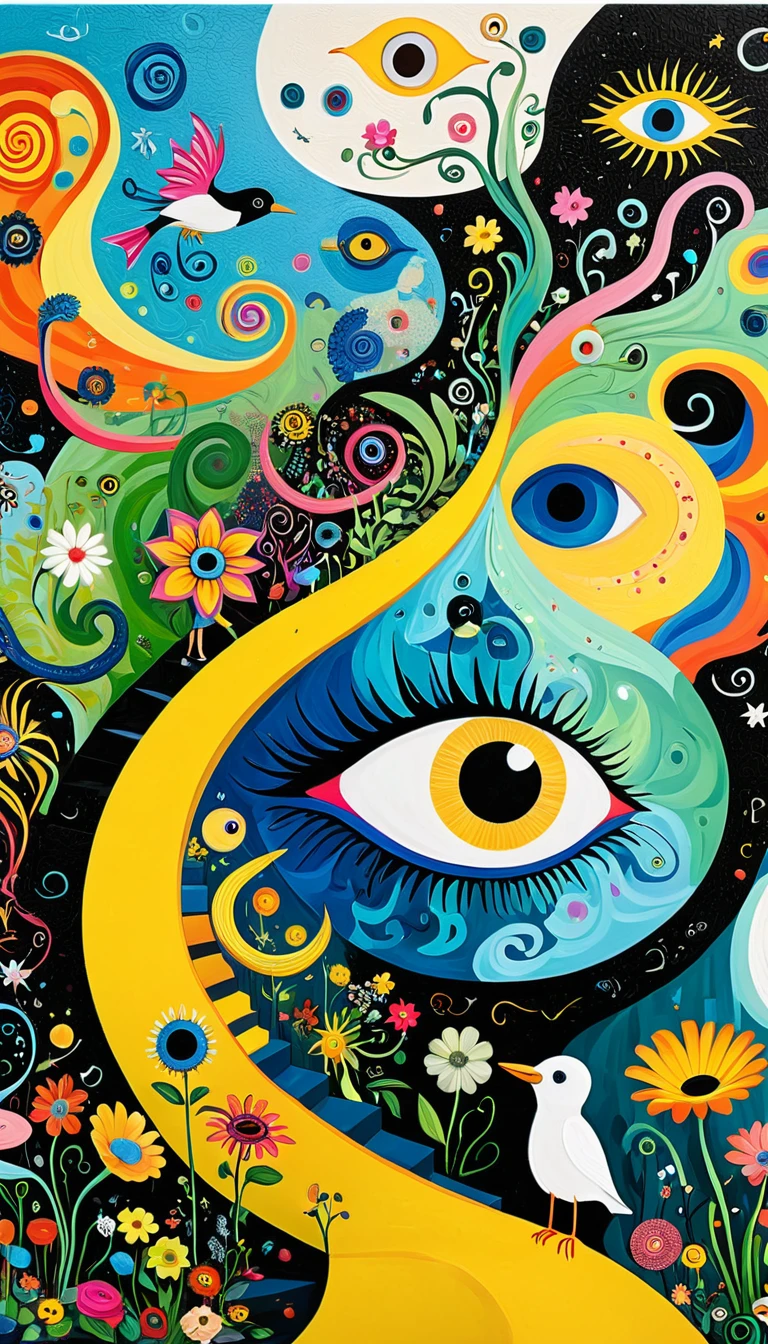 Children's graffiti,Thick coating，Concave and convex texture，Oil pastel strokes：Colorful black，Dopamine color matching，爱吃fish的猫、flowesh、spiral staircase、Tentacles、bird、(((Eye)))、diatom，Abstract mosaic painting，Describing the inner world of autistic people，Large area of white，interesting，Innocence，Vision，Psychedelic Art，Incorporating Picasso&#39;s artistic style
