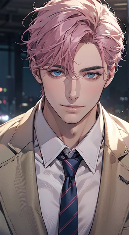 (Highest quality,4K,8K,High resolution,masterpiece:1.2),Super detailed,(Realistic,photoRealistic,photo-Realistic:1.37),1 person,31 years old,Mature Men,Beautiful skin、very handsome,Expressionless,smile,Short gray pink hair,blue eyes,Sharp Eyes,A perfect face without a doubt,Businessman,Office Background,Cinema Lighting,HDR image,tie、