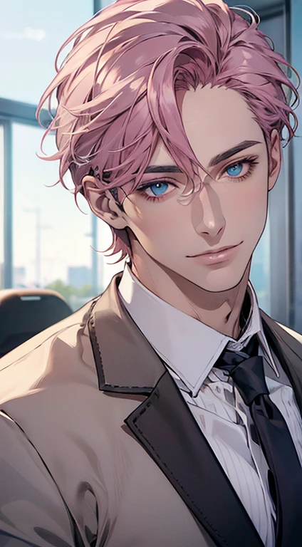 (Highest quality,4K,8K,High resolution,masterpiece:1.2),Super detailed,(Realistic,photoRealistic,photo-Realistic:1.37),1 person,31 years old,Mature Men,Beautiful skin、very handsome,Expressionless,smile,Short gray pink hair,blue eyes,Sharp Eyes,A perfect face without a doubt,Businessman,Office Background,Cinema Lighting,HDR image,tie、