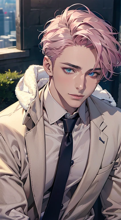 (Highest quality,4K,8K,High resolution,masterpiece:1.2),Super detailed,(Realistic,photoRealistic,photo-Realistic:1.37),1 person,31 years old,Mature Men,Beautiful skin、very handsome,Expressionless,smile,Short gray pink hair,blue eyes,Sharp Eyes,A perfect face without a doubt,Businessman,Office Background,Cinema Lighting,HDR image,tie、
