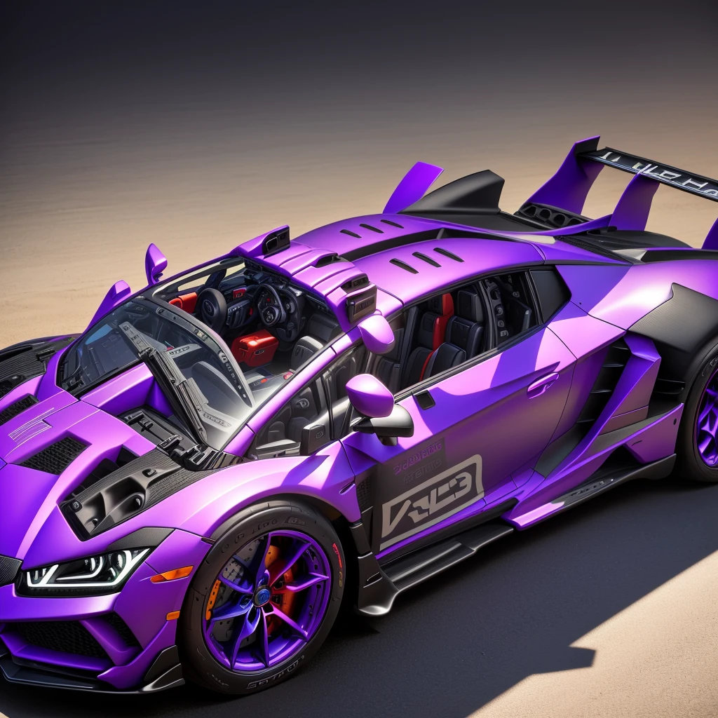 there is a toy car that is purple and has red wheels, taken with sony alpha 9, intricate detailed racing car, detailed wide plan, highly detailed toy, vista frontal superior lateral, cinematic front shot, shot close to the body, full sheet front view, eva unit-00 on the back, toy photo, lamborghini made from LEGO, hyper detailed masterpiece