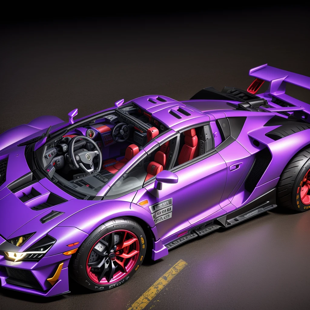 there is a toy car that is purple and has red wheels, taken with sony alpha 9, intricate detailed racing car, detailed wide plan, highly detailed toy, vista frontal superior lateral, cinematic front shot, shot close to the body, full sheet front view, eva unit-00 on the back, toy photo, lamborghini made from LEGO, hyper detailed masterpiece