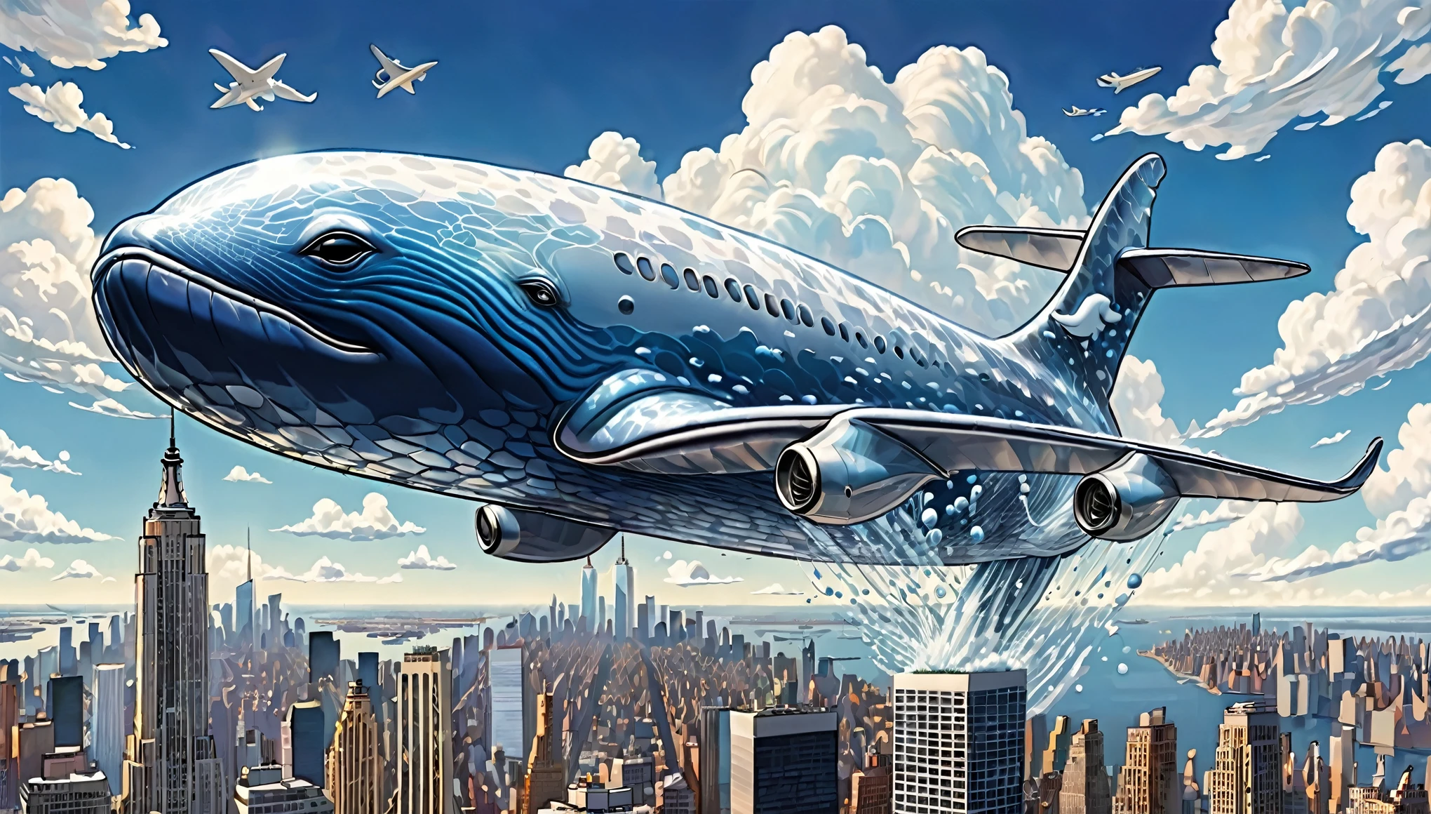 Illustration of Flying Whale, fantasy, large whale-shaped jumbo jet, flying with jetted fins outstretched, blue sky and cartoon fluffy clouds, whale's shiny skin reflecting light, detailed in every corner, flying just above New York City.