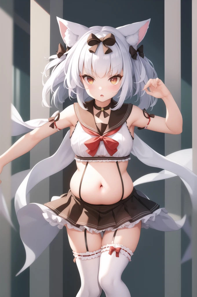 (masterpiece, best quality:1.2),illustration,8K,HD,1 Girl,Solitary,Upper Body,(portrait:1.2),animal_ears,Cat_ears,bow,long_hair,hair_bow,White_hair,Bangs,Moderate_breast,Black_bow,Ribbon,direction,Double tail,animal_ear_Brushed,Red_Eye,hair bow,Umbilical cord,White thighhighs,sleeveless tops,Sailor collar,mini skirt,arm Ribbon,Pregnant