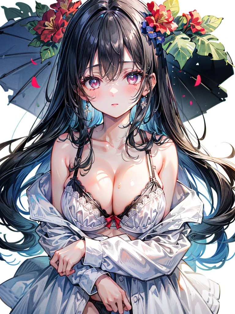 (Best quality, 8k, 32k, Masterpiece, UHD,:1.2),RAW, 1girl,ultra cute , natural lighting,transparent shining eyes, 20yo ,fair complexion, ((bra , floral pattern bra )), Cowboy Shot, standing, shiny, large breast, bright, White Background, Hugging own breast, ((Closeup shot)), emphasizing the Cleavage, breast shot