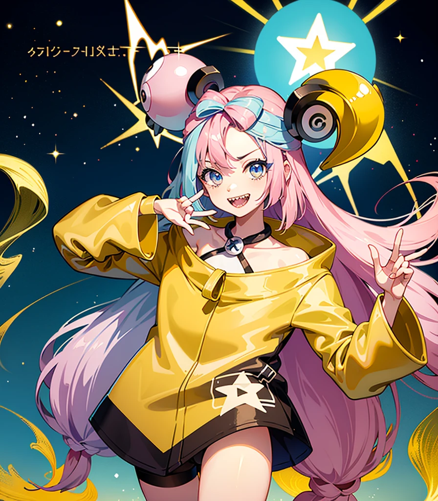 Highest quality、masterpiece、Anime Style、Pink hair and blue eyes、Yellow Jacket、Please raise your right hand、Lower your left hand、Stand only on your right foot、Raise your left leg。Sharp teeth、smile、White Background,Nanjamo