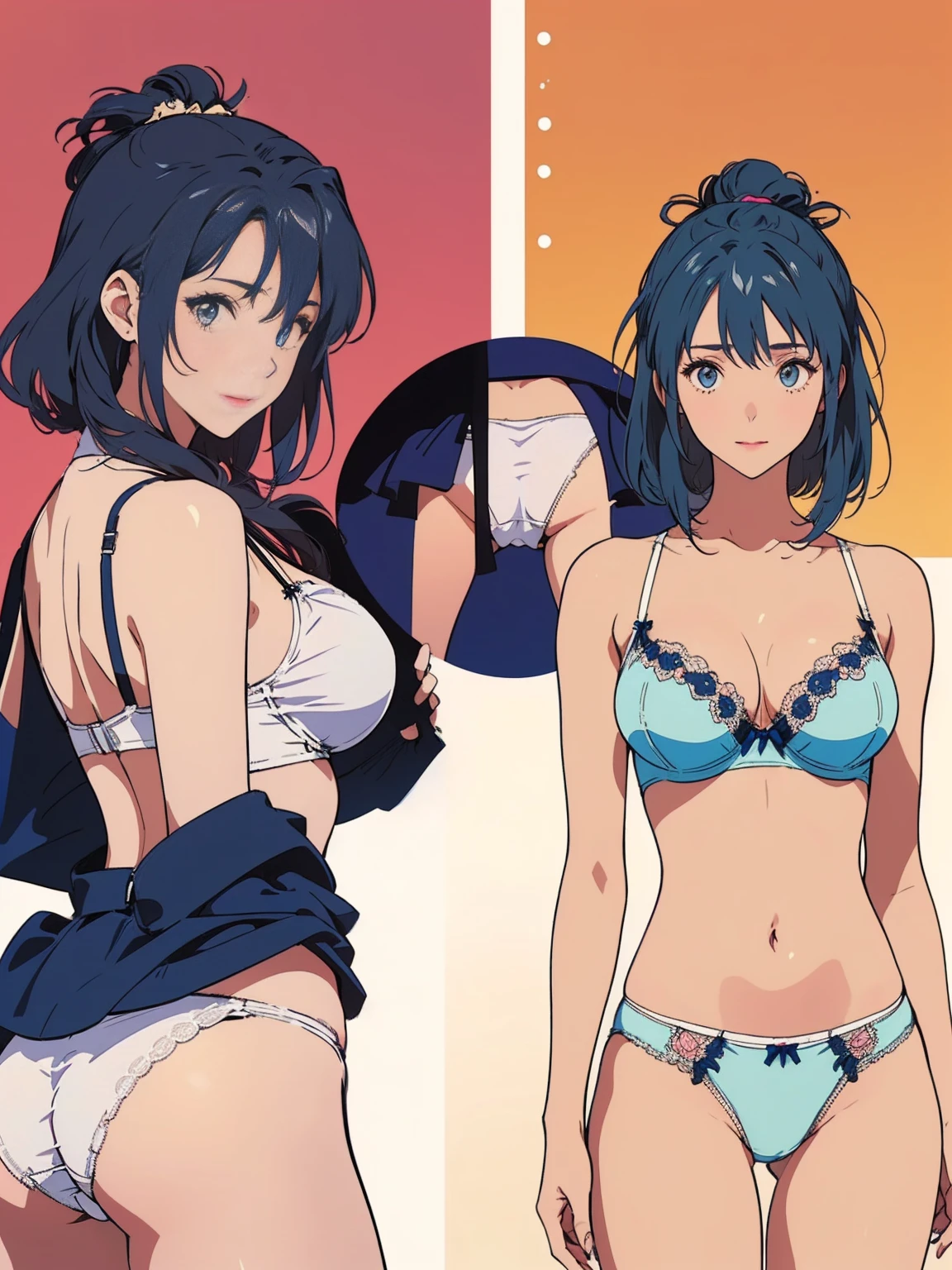 ((masterpiece)), (((Highest quality))), ((Reference Sheet, Character Design)), Highest quality, masterpiece, Ultra-high resolution, Original photo, Ultra-high resolution, female, RIXIA_MAO, navy blue hair, Big smile, Large tits, Wearing a white and pink lace bra, Wearing white and pink lace panties, (elaborately designed luxury panties for adults, panties high definition images, draw panties with super precision), (((threads of the seams for panties crotch is visible))), stitch of panties is visible