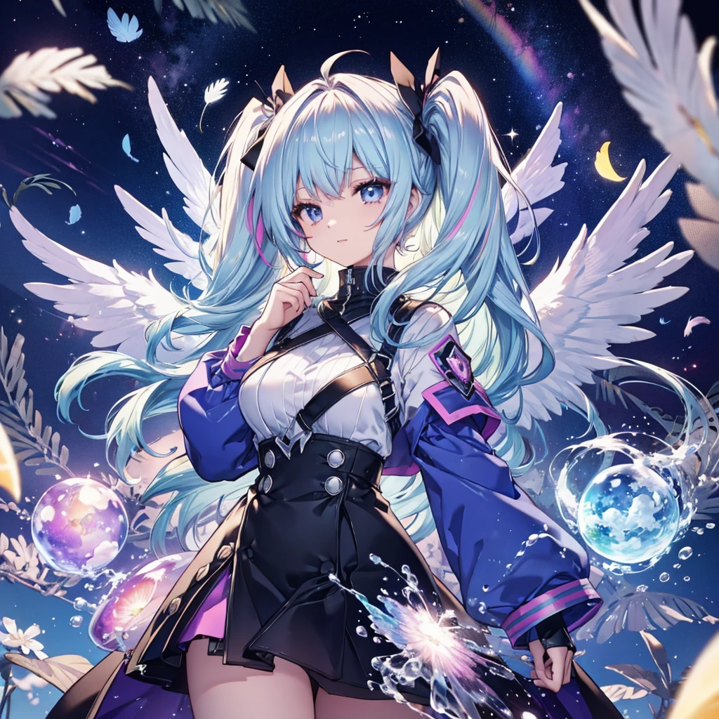 ((Archangel Fantasy Rainbow Hair Dye the inside of your hair rainbow colors Twin tails Rainbow Eyes starの虹彩 Has a shiny ball Put on a coat without putting your arms through it Wings many times larger than mine rainbow gradient feathers Lonely Smiling Kindly Left facing)) ((tears gloves)) (Broken glass Rolling Pebble Distorted Space-Time star) Catch the wind milky way Shining Background Particles of light, rainbow colored edges Shining Edges star