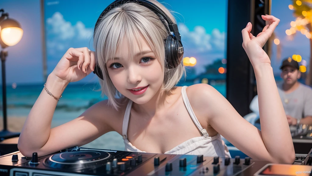(ultra - detailed, 16K resolution, Cinema lenses, rendering by octane), (high resolution:1.18), intricate detail, (masterpiece:1.1), (highest quality:1.1), (1girl, portrait, white hair, blue eyes, short hair, detailed eyes),Wearing silver DJ headphones, sequined T-shirt, (in the beach:1.5), (Iconic hip-hop pop costumes:1.3), Smile while DJing on stage, DJ studio next to the beach, ((A stylish DJ stage on a hill overlooking the beach)), full body shot, Photorealistic photography by Sunshine, (cute round face:1.3), perfect fingers, five fingers, beautiful hands, perfect hands. master peace, cute smile, Fixhand.