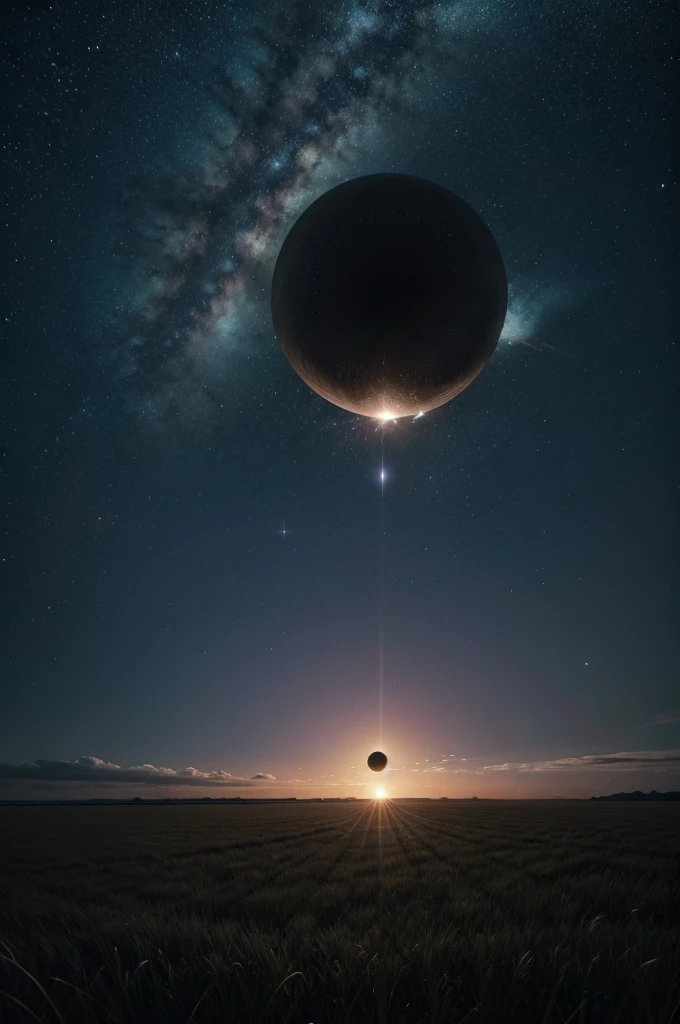 Give me a scene of a field with the sky having a star orbiting a black hole