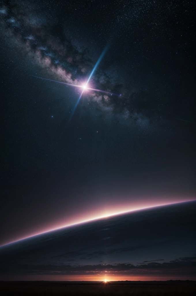 Give me a scene of a field with the sky having a star orbiting a black hole
