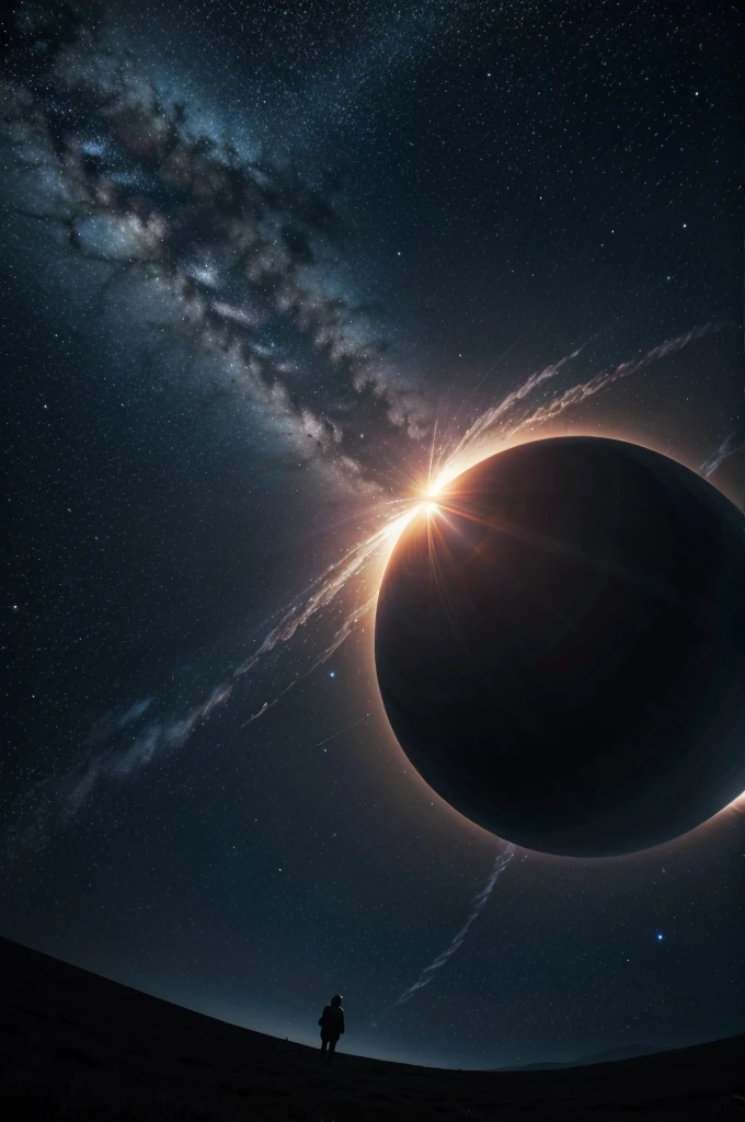 Give me a scene of a field with the sky having a star orbiting a black hole