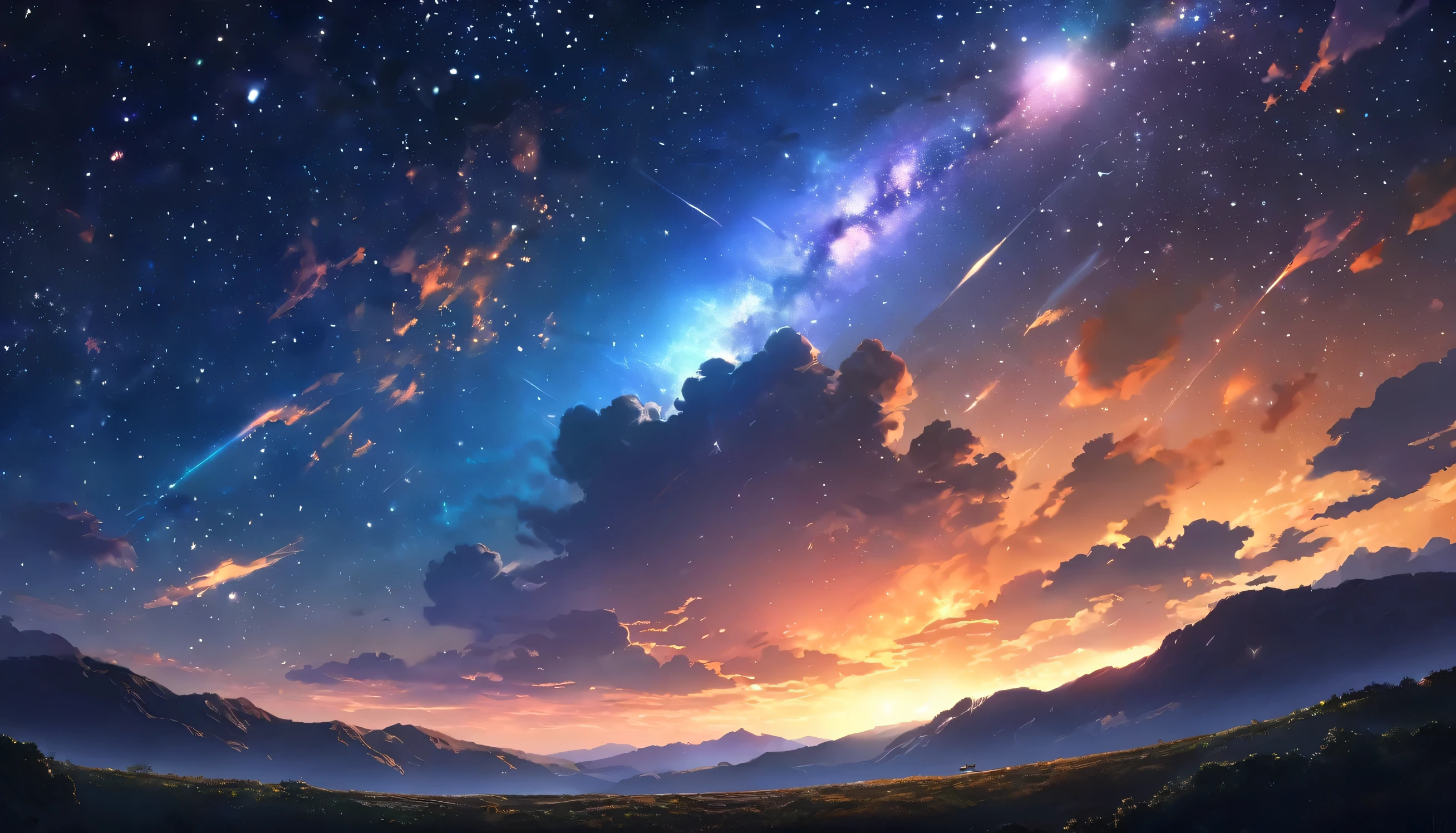 Exquisite anime night scene, Moonless starry sky details, A complex shining star, A beautiful moonless night, Very detailed, 8k, Realistic, Professional, Cinema Lighting, Glowing Nebula, Atmospheric haze, Detailed foreground elements, Calm and relaxed atmosphere, Vibrant colors, Dramatic lighting、orange