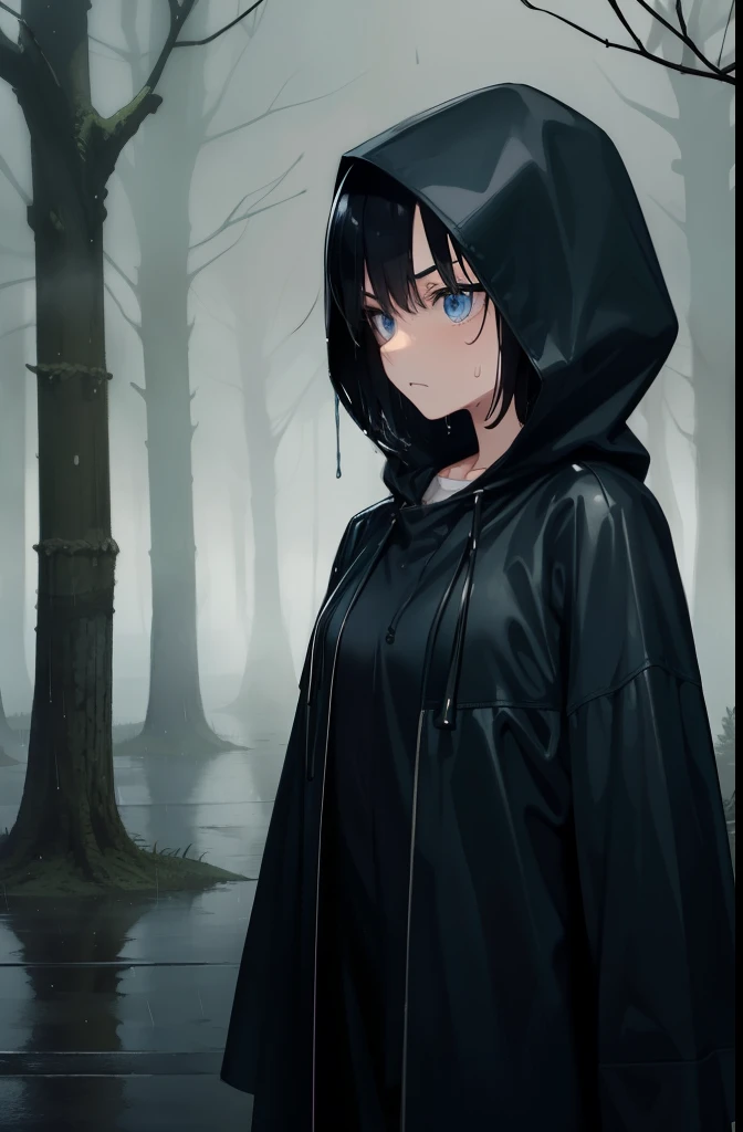 forest,rain,fog,cloudy,Girl 1,boyish,short hair,Black Hair,blue eyes,Long black raincoat,Put on the hood,Serious face,Wet,Are standing,Gloomy face,front,Cowboy Shot,Sweat,