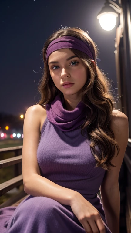 Masterpiece, 20 year old woman, full body, he highest quality, big pink eyes,proportionate lips, Colorful cinematic lighting, purpple Cashmere Dress bare shoulders, with overflow [purpple] long wavy hair, ponytail, (wearing a headband and scarf), (Perfect face:1.1), mist,sitting Train tracks, at night, moon, moonlight, romantic, HDR, Very detailed, 8k, Hyper realistic, shot at eye level, Cinestill 800