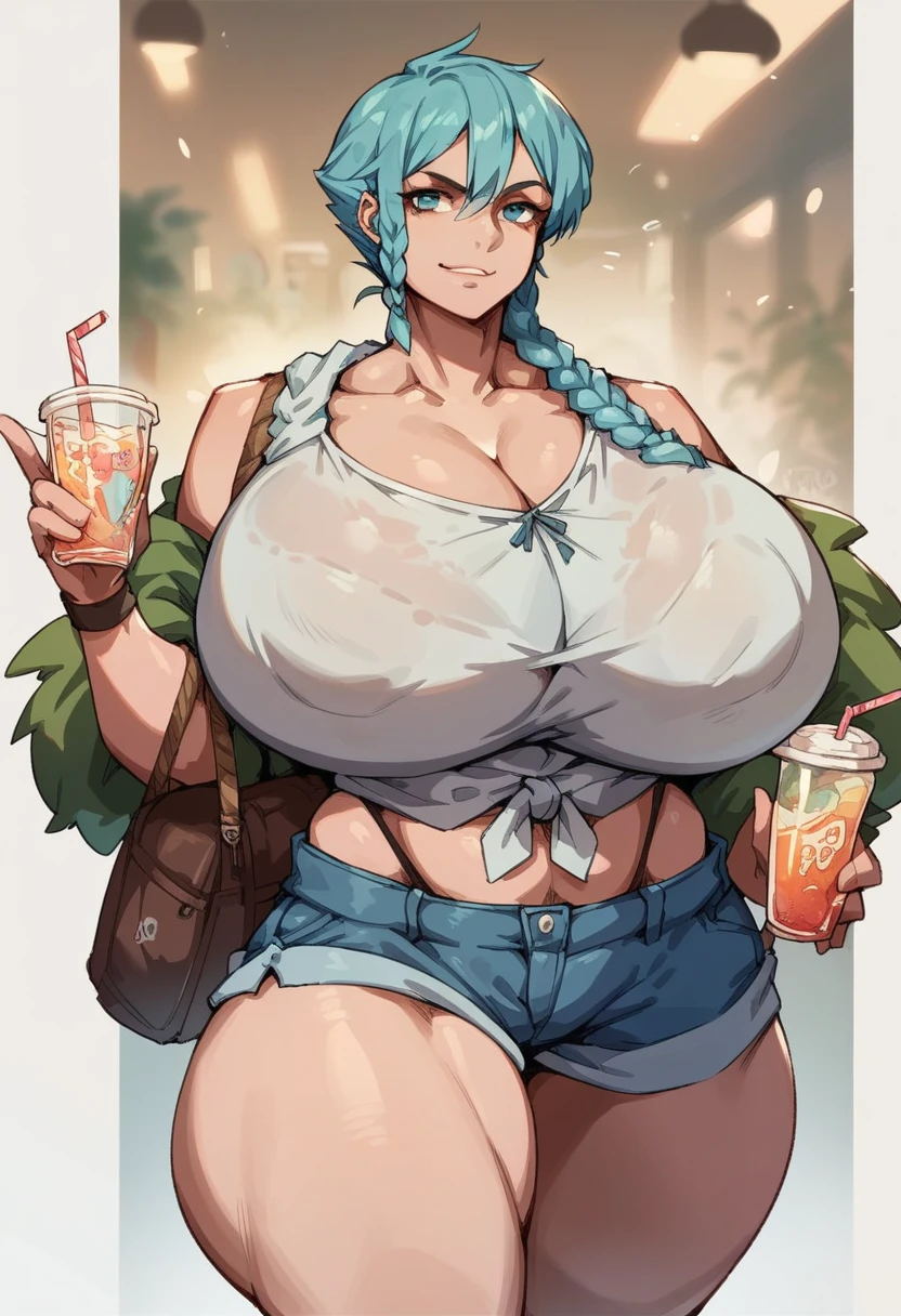 1girl, solo, gigantic breasts, thick thighs, thight fit, casual clothes, slight smirk, holding a drink