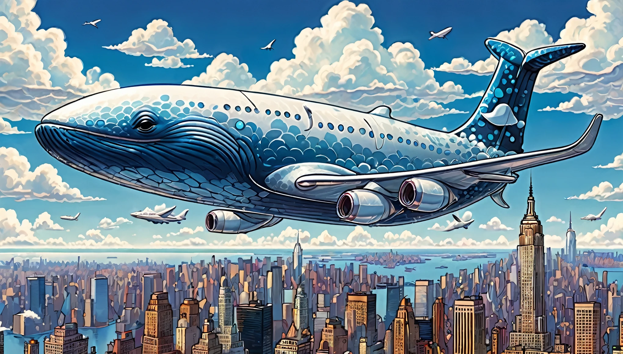 Illustration of Flying Whale, fantasy, large whale-shaped jumbo jet, flying with jetted fins outstretched, blue sky and cartoon fluffy clouds, whale's shiny skin reflecting light, detailed in every corner, flying just above New York City.