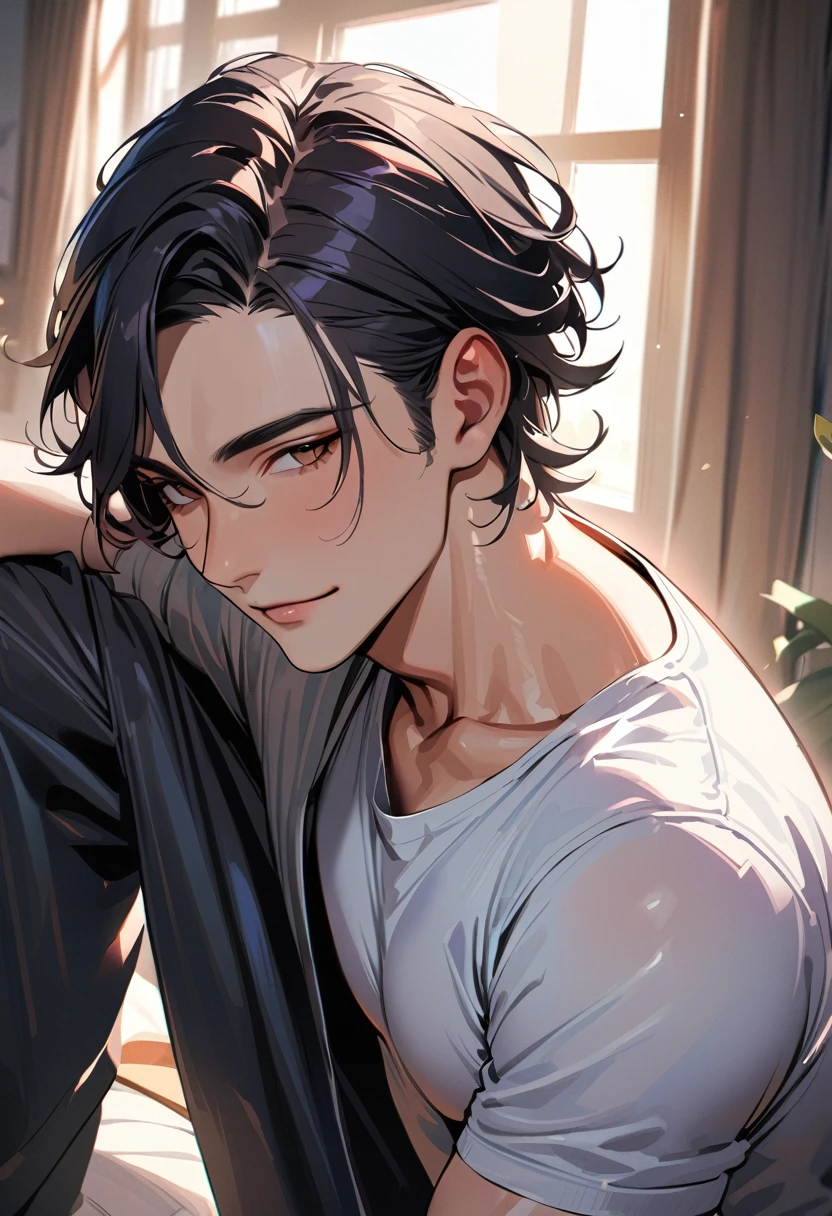 28 years old ,modern, Verism, masterpiece, textured skin, super detail, best quality, 4K , A handsome man, black hair, short hair, light smile, happy