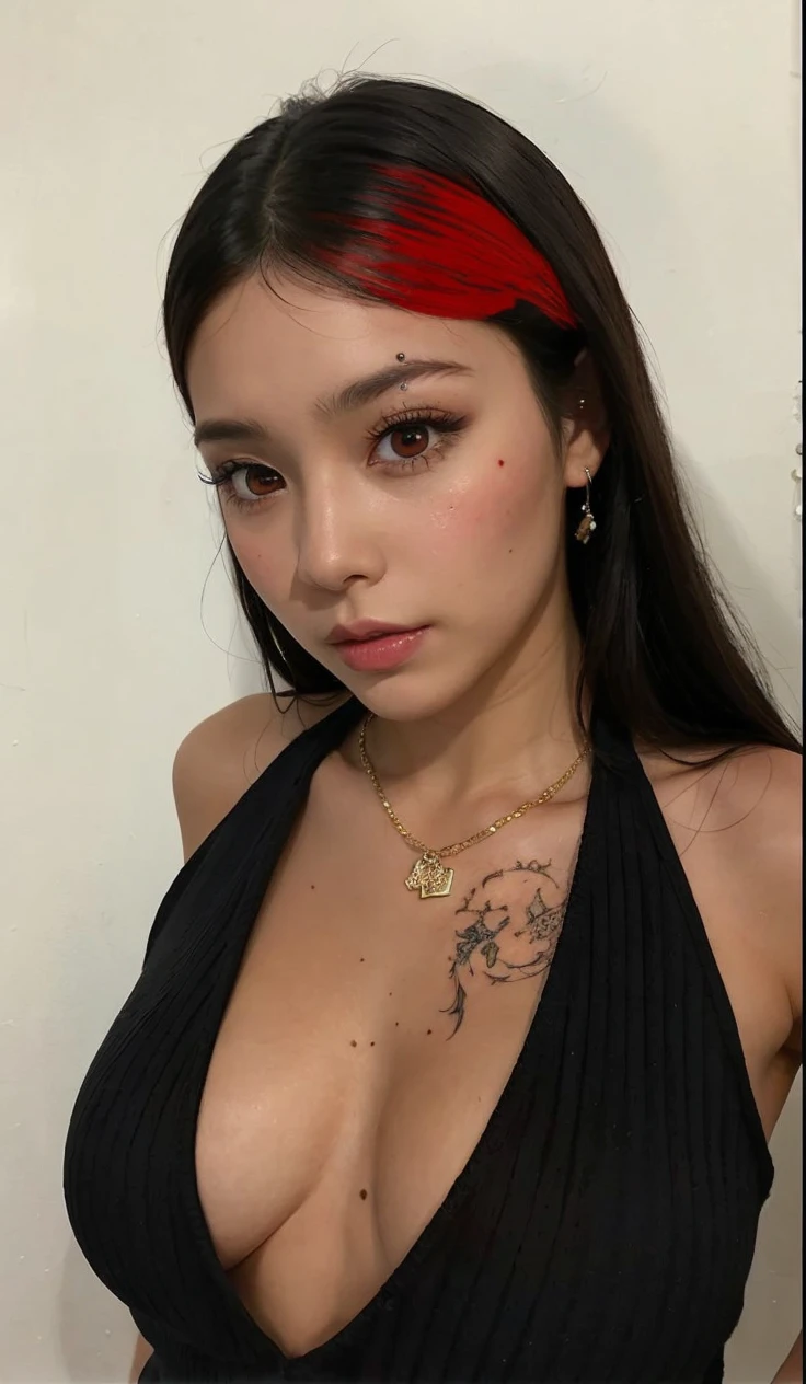 black hair with red highlights, reddish brown eyes and tattoo on the chest.