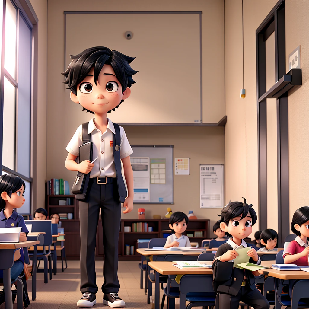 a Japanese boy of approximately 7 years old, straight black hair, holding an origami in a classroom, 