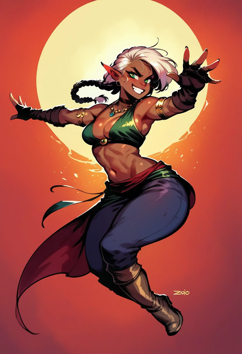 score_9,score_8_up,score_7_up,score_6_up, 1 female has dark skin, long braids and necklace, detailed matte fantasy digital art, elf queen, dnd character, female elf sorceress, written in lasso style, female necromancer, dark elf princess, elf character with grin, dark lines, dnd character art drawing , full-length drawing, dynamic pose, full-length