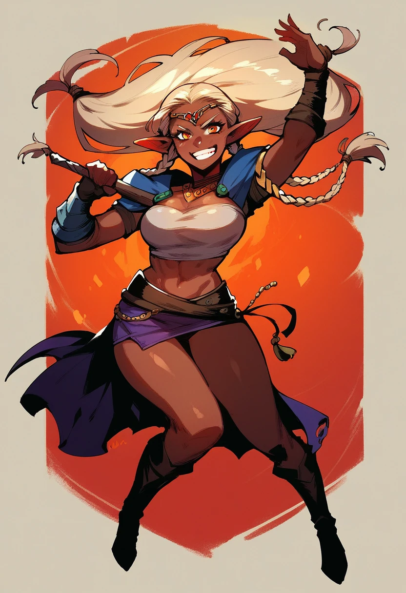 score_9,score_8_up,score_7_up,score_6_up, 1 female has dark skin, long braids and necklace, detailed matte fantasy digital art, elf queen, dnd character, female elf sorceress, written in lasso style, female necromancer, dark elf princess, elf character with grin, dark lines, dnd character art drawing , full-length drawing, dynamic pose, full-length