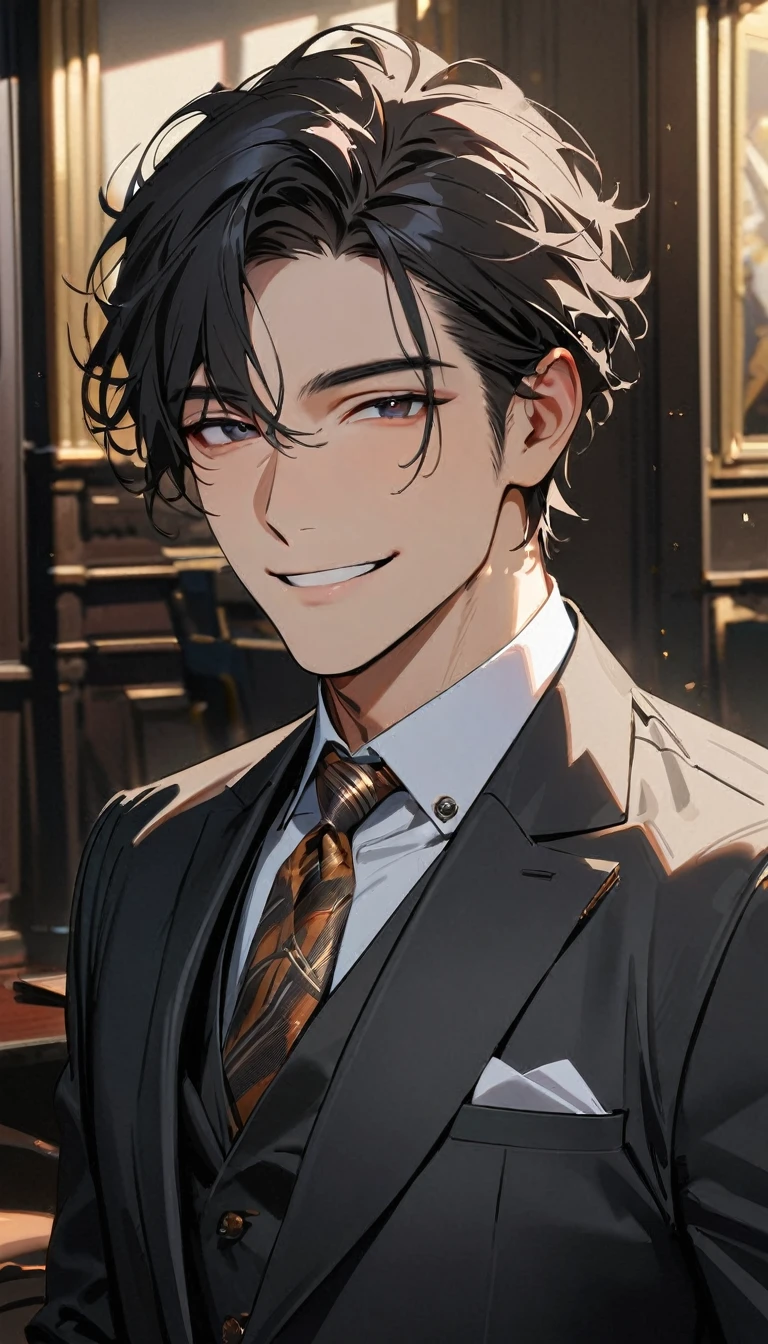 best quality, award winning, highres, high details, super detail, anatomically correct , A handsome man with short black hair is wearing a charcoal gray suit. He has a kind and sincere smile.