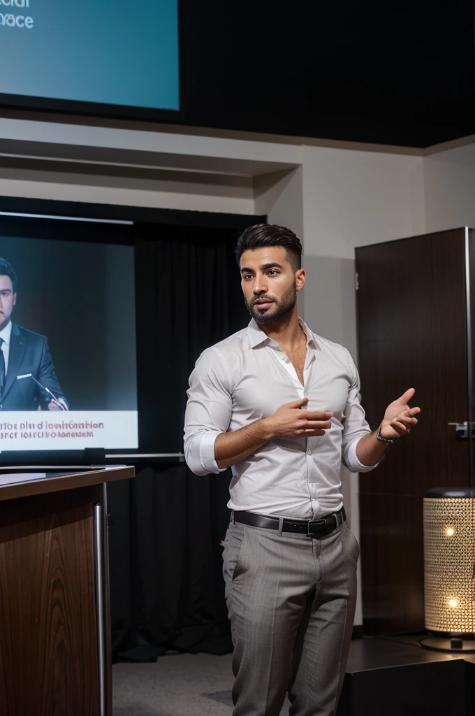 A young north African man, Caucasian,30 years old is standing confidently at a podium, charismatic, Fade Haircut, clean-shaven, no beard, no moustache, looking to the camera, giving a conference. TEdx talk style, He is wearing a well-fitted grey suit with a crisp white shirt and a matching tie. In his hand, he holds a microphone, speaking passionately to the audience. He has short, neatly styled dark hair, a light beard, and a sharp, focused expression on his face. The conference room is modern and professional, with rows of seated attendees paying close attention. The background features a large projector screen displaying clear, vibrant presentation slides. There are elegant decorations on the stage, such as a few potted plants and a sleek lectern. The lighting is bright, with spotlights highlighting the speaker, creating a dynamic and engaging atmosphere. The audience is diverse, dressed in business attire, reflecting the importance of the event. The overall ambiance is one of professionalism, engagement, and intellectual exchange
