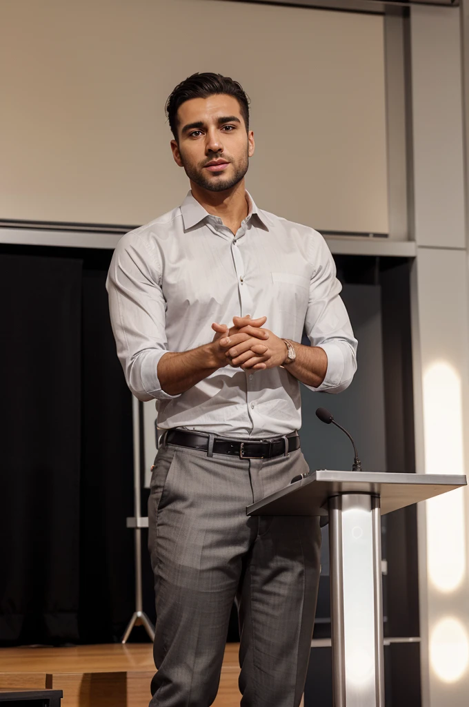 A young north African man, Caucasian,30 years old is standing confidently at a podium, charismatic, Fade Haircut, clean-shaven, no beard, no moustache, looking to the camera, giving a conference. TEdx talk style, He is wearing a well-fitted grey suit with a crisp white shirt and a matching tie. In his hand, he holds a microphone, speaking passionately to the audience. He has short, neatly styled dark hair, a light beard, and a sharp, focused expression on his face. The conference room is modern and professional, with rows of seated attendees paying close attention. The background features a large projector screen displaying clear, vibrant presentation slides. There are elegant decorations on the stage, such as a few potted plants and a sleek lectern. The lighting is bright, with spotlights highlighting the speaker, creating a dynamic and engaging atmosphere. The audience is diverse, dressed in business attire, reflecting the importance of the event. The overall ambiance is one of professionalism, engagement, and intellectual exchange