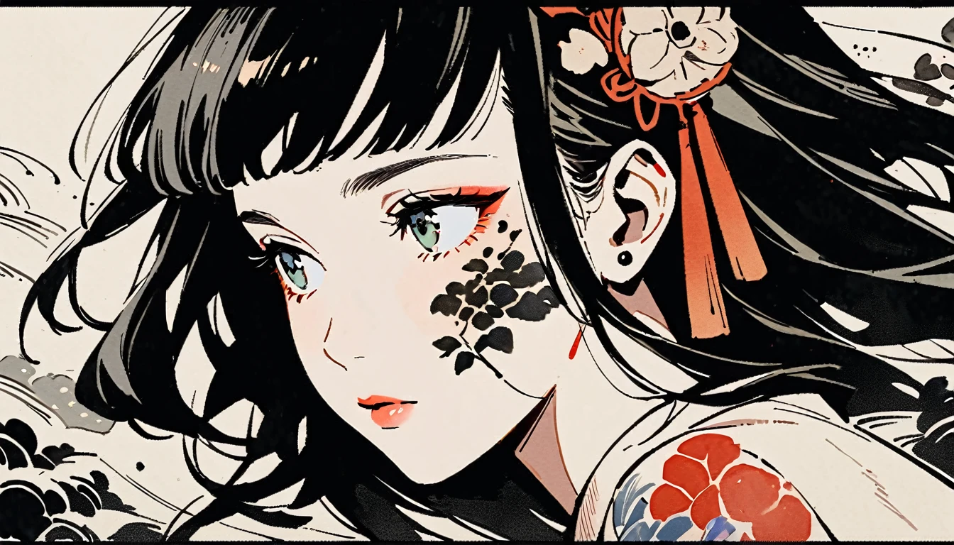 Ink Painting, (((1 girl))), (((Tattoo on face))), (((Gorgeous hair accessories))), Japanese style headphones, face close-up, Japanese beautiful girl, Black Hair, Delicate and precise, Modern ukiyo-e style
