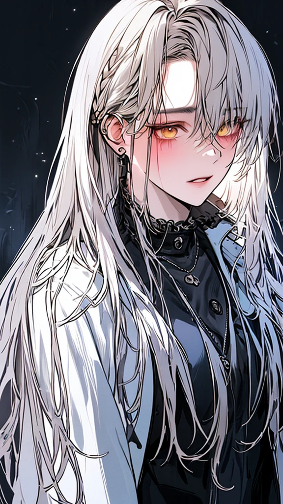 (Top resolution、Distinct_image)top-quality、A girl、masterpiece、highly detailed, half body, Semi-realistic、yellow eyes 、18year old, silver hairs ,young 、Exquisite facial features、Facial features ,variation potrait, long hairstyles, , teenage, cool , cold sharp eyes, An expression of despair., Torn clothes, destroyed clothes, damaged clothing, all dirty, dirty, dirt, lifeless eyes, blood on face, , {Very detailed 8k CG unit wallpaper}, Handsome, solo, female, mafia, black shirt, white pant, white coat,