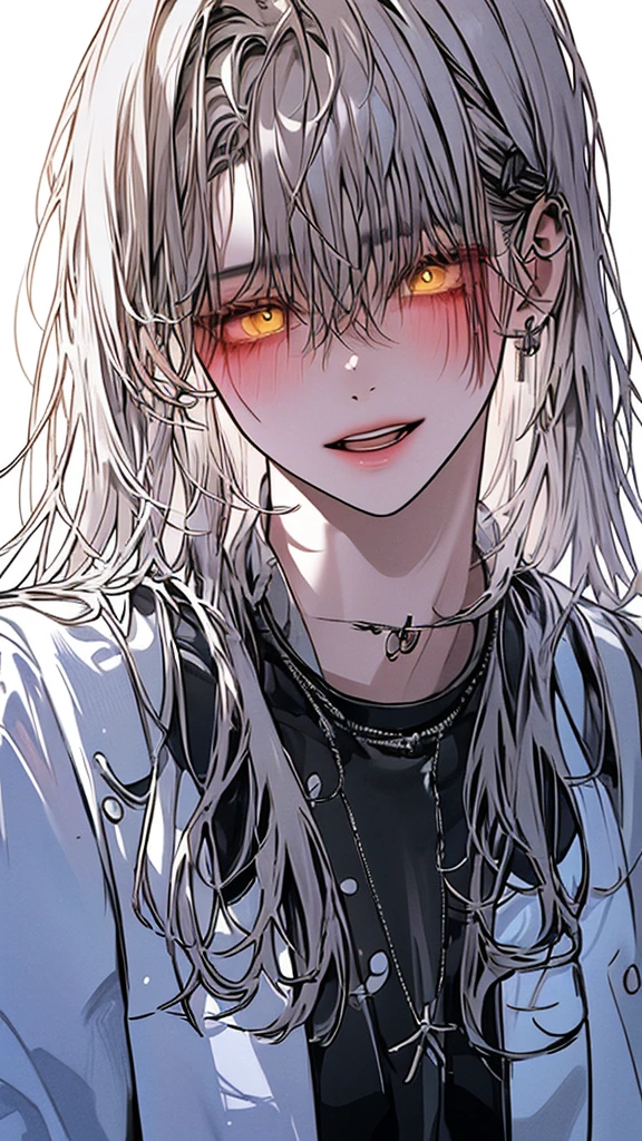 (Top resolution、Distinct_image)top-quality、A girl、​masterpiece、highly detailed, half body, Semi-realistic、yellow eyes 、18year old, silver hairs ,young 、Exquisite facial features、Facial features ,variation potrait, long  hairstyles,  , teenage, cool , cold sharp eyes, An expression of despair., Torn clothes, destroyed clothes, damaged clothing, all dirty, dirty, dirt, lifeless eyes, blood on face, , {Very detailed 8k CG unit wallpaper}, Handsome, solo, female, mafia, black shirt, white pant, white coat,