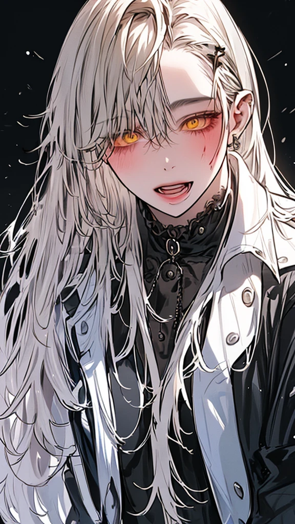 (Top resolution、Distinct_image)top-quality、A girl、masterpiece、highly detailed, half body, Semi-realistic、yellow eyes 、18year old, silver hairs ,young 、Exquisite facial features、Facial features ,variation potrait, long hairstyles, , age, cool , cold sharp eyes, An expression of despair., Torn clothes, destroyed clothes, damaged clothing, all dirty, dirty, dirt, lifeless eyes, blood on face, , {Very detailed 8k CG unit wallpaper}, Handsome, solo, female, mafia, black shirt, white pant, white coat,