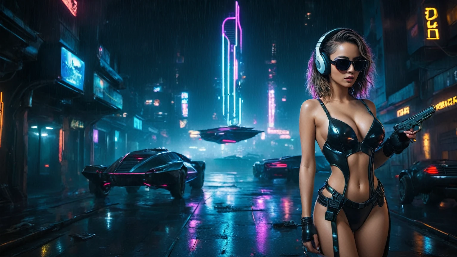 (aerial view, a flying cars docking platform, a very dark abandoned futuristic city, neon lights), rainy night. (((1girl, solo, alone))), large-breast:1.2 slim body, cleavage:1.1, sexy wind blowing wet dress:1.4, (((headphone, black sunglasses, standing and holding pistol:1.8, dynamic rushing pose))), (((((half-body thigh level medium shot))))), cinematic lighting, lens flare, ray tracing.