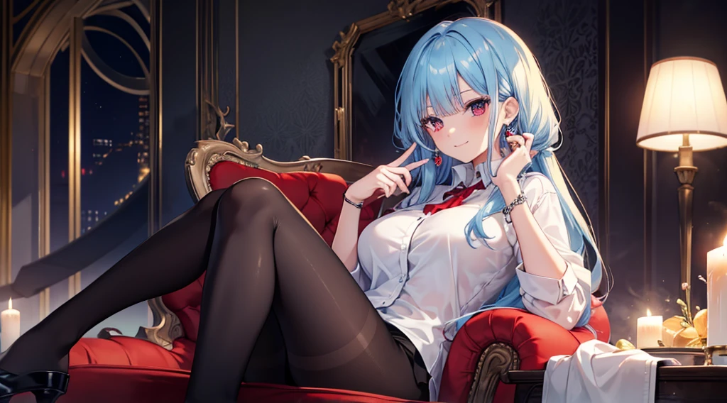 Highest quality, masterpiece, figure, wallpaper,One girl,White shirt, Light Hair, Beautiful detailed girl, Highly detailed eyes and face, Beautiful attention to detail, Shine,Browsing Caution, View your viewers, Chair, night, Black Pantyhose, Straight hair, Red Eyes, long hair,Light blue hair, thick_Thighs, Large Breasts, Red eyes,beautiful finger, clear background, deep night, sit、smile、Big earrings、bracelet、Gal、candle