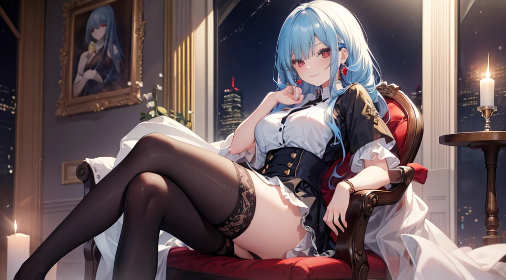 Highest quality, masterpiece, figure, wallpaper,One girl,White shirt, Light Hair, Beautiful detailed girl, Highly detailed eyes and face, Beautiful attention to detail, Shine,Browsing Caution, View your viewers, Chair, night, Black Pantyhose, Straight hair, Red Eyes, long hair,Light blue hair, thick_Thighs, Large Breasts, Red eyes,beautiful finger, clear background, deep night, sit、smile、Big earrings、bracelet、Gal、candle