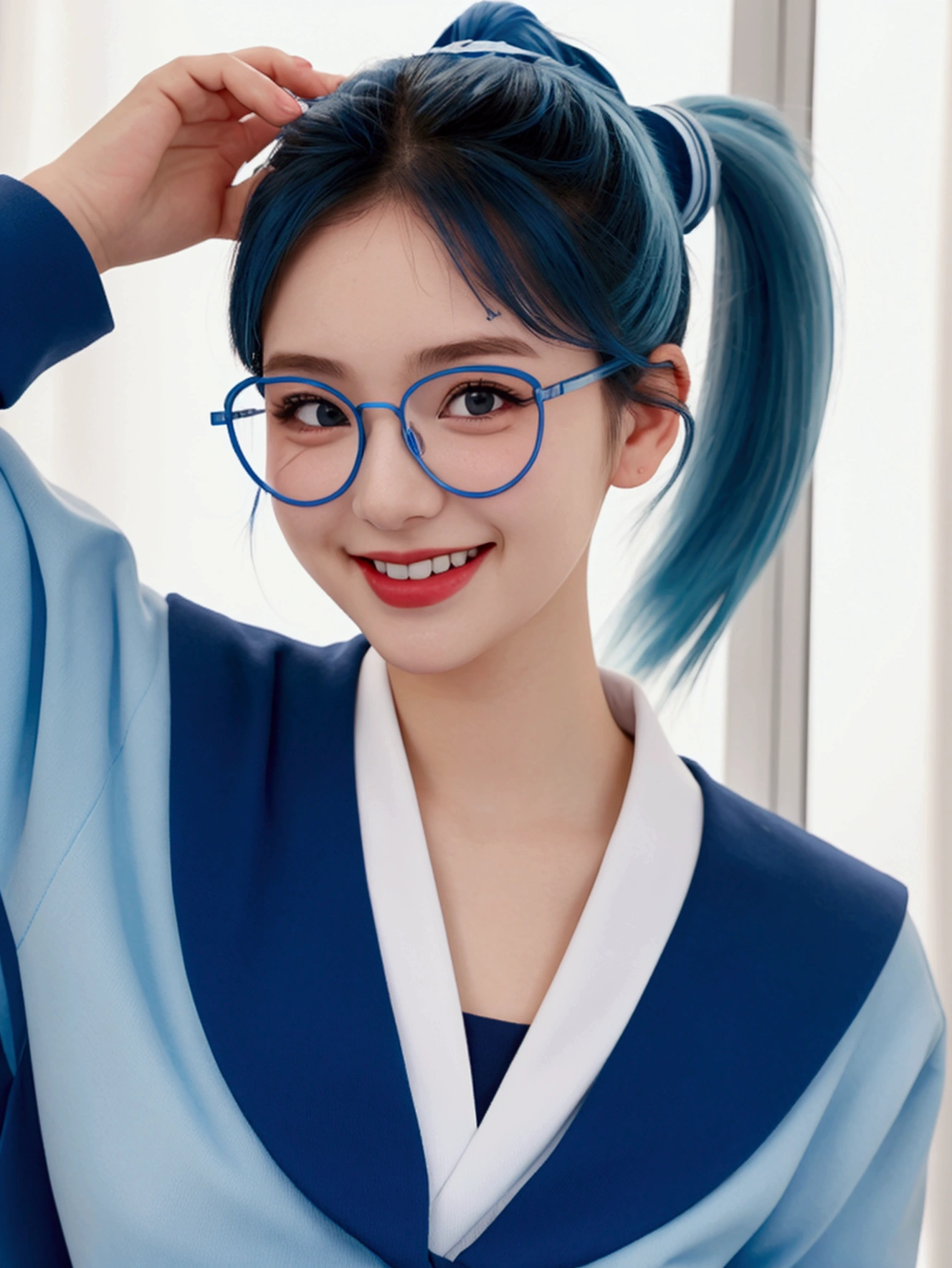 1girl,blue ponytail,sailor uniform,blue glasses,portrait,photography,realistic,beautiful girl,beautiful woman,smiling,photogenic,photo by professional photographer