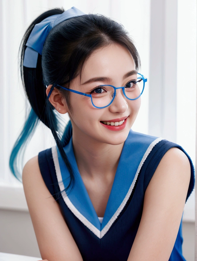 1girl,blue ponytail,sailor uniform,blue glasses,portrait,photography,realistic,beautiful girl,beautiful woman,smiling,photogenic,photo by professional photographer