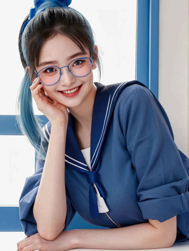 1girl,blue ponytail,sailor uniform,blue glasses,portrait,photography,realistic,beautiful girl,beautiful woman,smiling,photogenic,photo by professional photographer