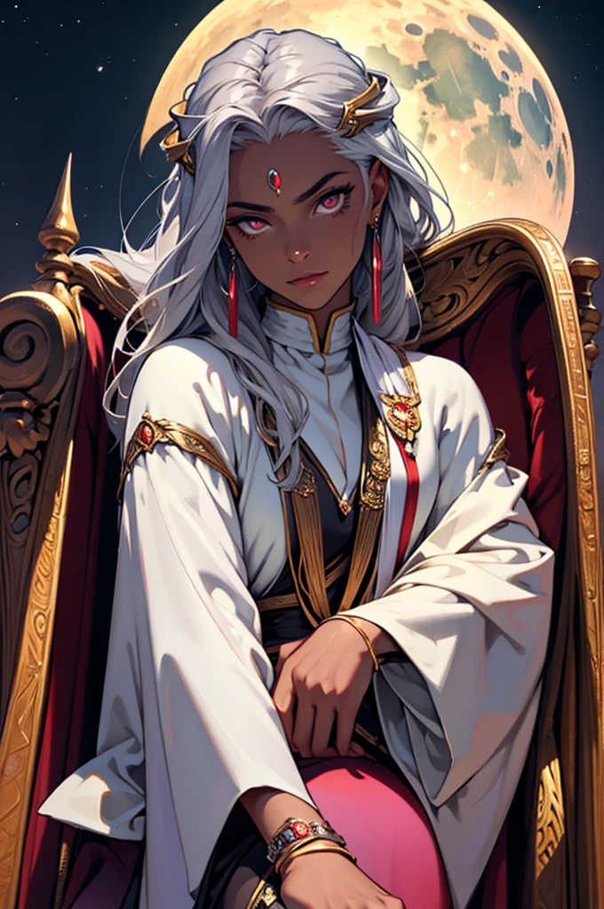 masterpiece, Best Quality, 4k, upper body close up, Background with: Sitting on a throne under a crescent moon in the desert night, Very detailed, Goddess with very dark skin, Medusa with silver hair falling down to her feet........, red pupil,