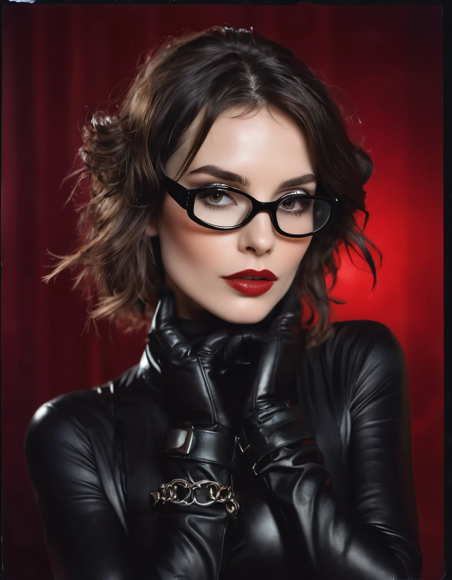 A polaroid shot of an intelligent 35-year-old dominant brunette with disheveled hair, a very thin face, pale white skin, very high cheekbones, large full lips, the largest lips, small glasses, deep mouth, dark plump glossy lips, very bright makeup. Very thin. Naked sexy model. in bdsm style. Wearing in leather gloves. A magnificent hairstyle. Shiny steel bracelets on top of black gloves. and Shiny steel bracelet necklaces are on her wrists. On her head, face and mouth, she has a leather harness. Leather garters on his feet. Full body. standing with both hands on lips for a photo shoot. A sexy pose. Red, thick smoke in the background.