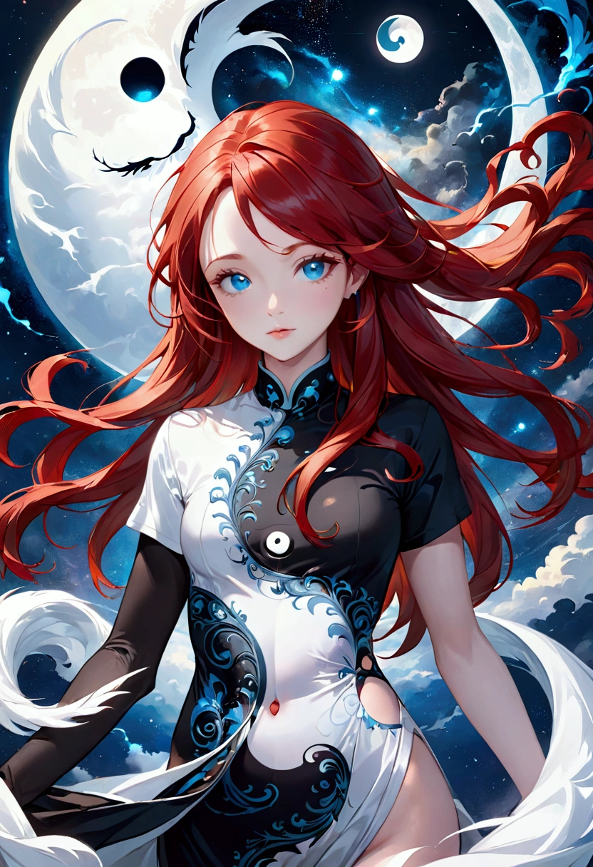 Adult female,long red hair, blue eyes,aesthetic body, ying yang