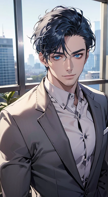 (best quality,4k,8k,highres,masterpiece:1.2),ultra-detailed,(realistic,photorealistic,photo-realistic:1.37),1 man,31 years old,mature man,very handsome,without expression,smile,short blue hair,blue eyes,penetrating gaze,perfect face without errors,imposing posture,businessman,office background,cinematic lighting,hdr image