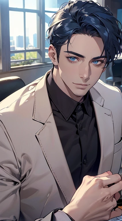 (best quality,4k,8k,highres,masterpiece:1.2),ultra-detailed,(realistic,photorealistic,photo-realistic:1.37),1 man,31 years old,mature man,very handsome,without expression,smile,short blue hair,blue eyes,penetrating gaze,perfect face without errors,imposing posture,businessman,office background,cinematic lighting,hdr image