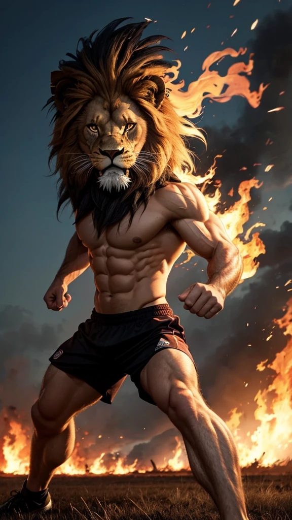 A Muscular man. Scary lion head. Playing soccer. Burning field background.